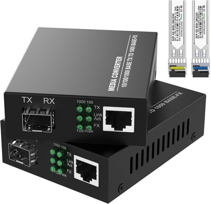 FTTPVIPS A Pair of 1.25G/s Bidi Gigabit Single-Mode Fiber Ethernet Media Converter with 2PCS Bidi SFP LC Transceiver Module Included, 10/100/1000Base-Tx to 1000Base-SX SMF RJ45 to SFP Slot up to 30KM - Image 1